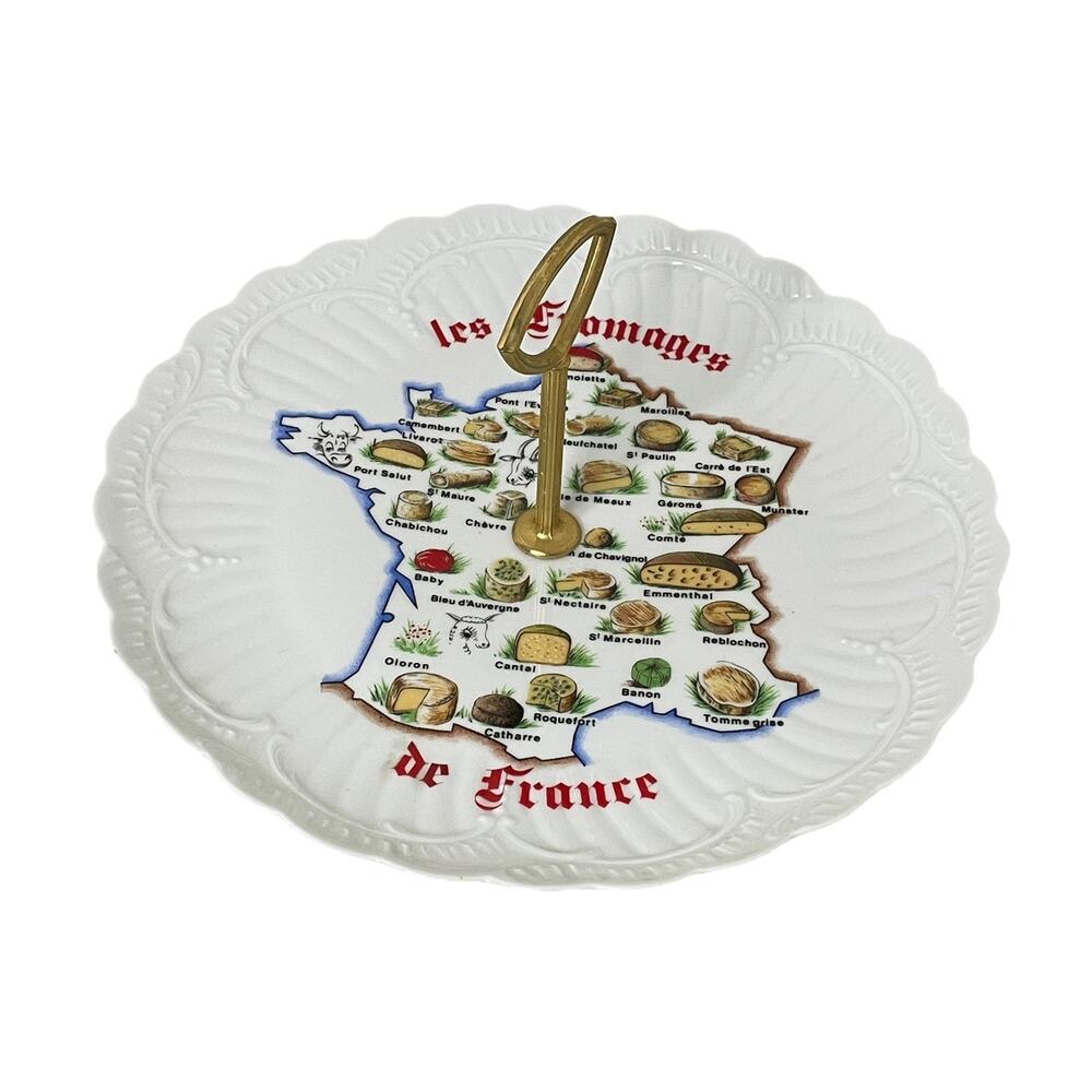 VTG Porcelain de Limoges P.Pastaud Cheese Plate w/Handle Les Fromages de France